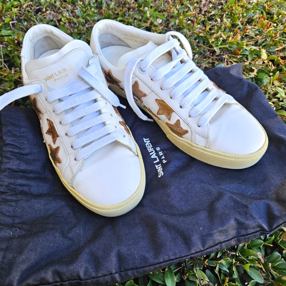 Saint Laurent Paris White/Gold Leather Star Alpha Low Top Sneakers Size 38 - Picture 3 of 10